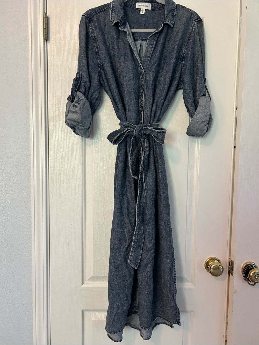 Cloth & Stone Denim Shirt Dress with Tie Waist - Gray